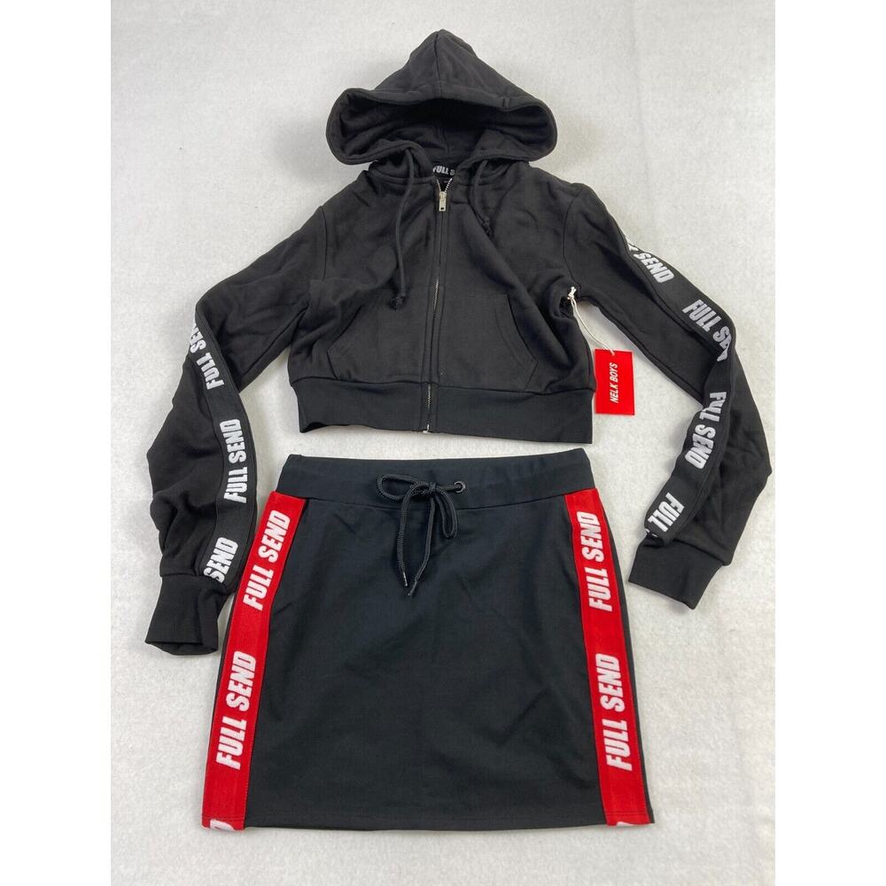 Nelk Boys Full Send Cropped Hoodie & Skirt Women's XS Black Striped Logo 2 Piece